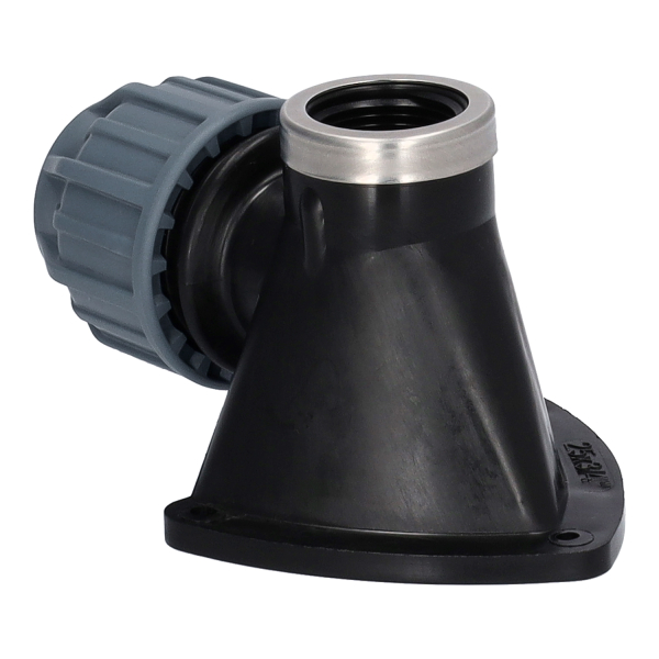 Produktbild auf weißem Hintergrund. 90° Winkel IG mit Wandscheibe. Rückansicht.